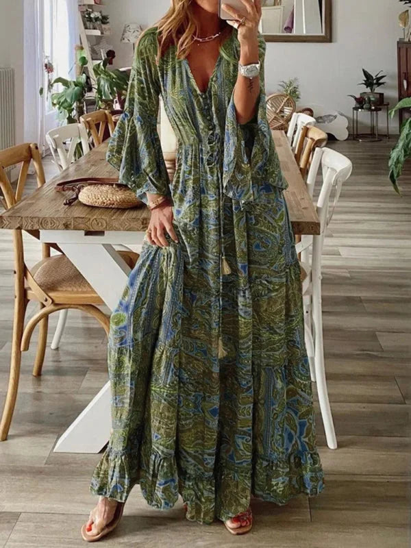 Women's Boho Maxi Dress with Flared Sleeves