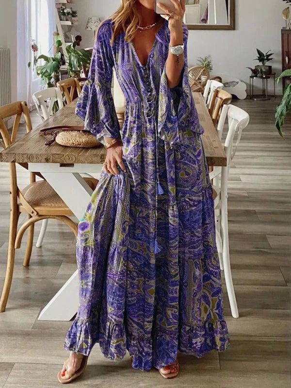 Women's Boho Maxi Dress with Flared Sleeves