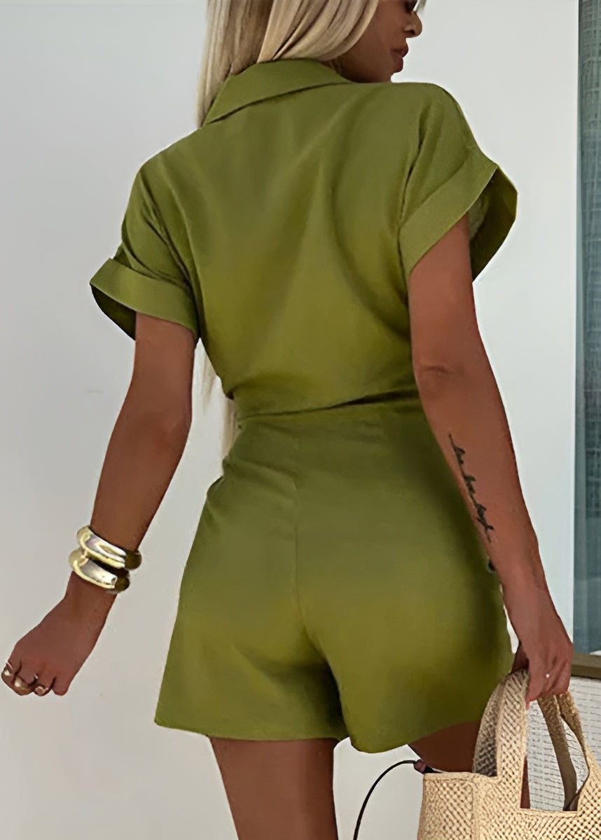 Women's Short Sleeve Wrap Mini Dress with Waist Tie and Collar