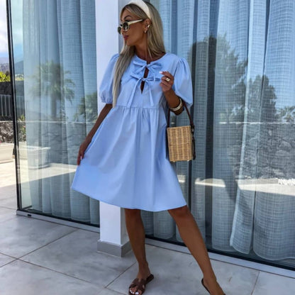 Women's Puff Sleeve Mini Dress with Front Cut-Out and Bows