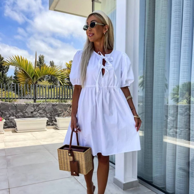 Women's Puff Sleeve Mini Dress with Front Cut-Out and Bows