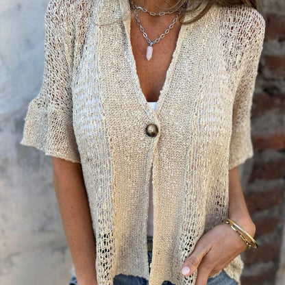 Women's Short-Sleeve Knitted Shirt with V-Neck and Button Front