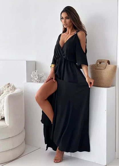 Women's Maxi Dress with Side Slit and Draped Wrap Front Design