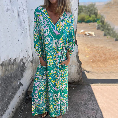 Women's Printed Maxi Dress with V-Neck and Relaxed Fit Sleeves