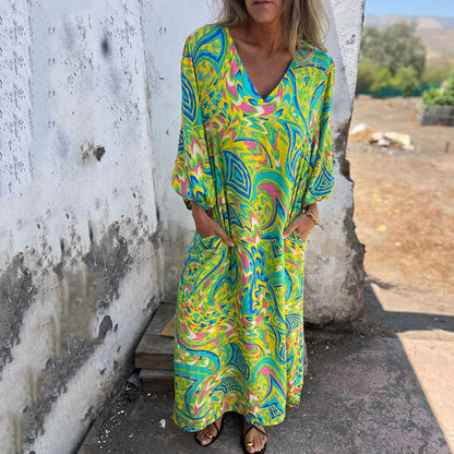 Women's Printed Maxi Dress with V-Neck and Relaxed Fit Sleeves