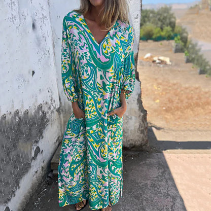 Women's Printed Maxi Dress with V-Neck and Relaxed Fit Sleeves