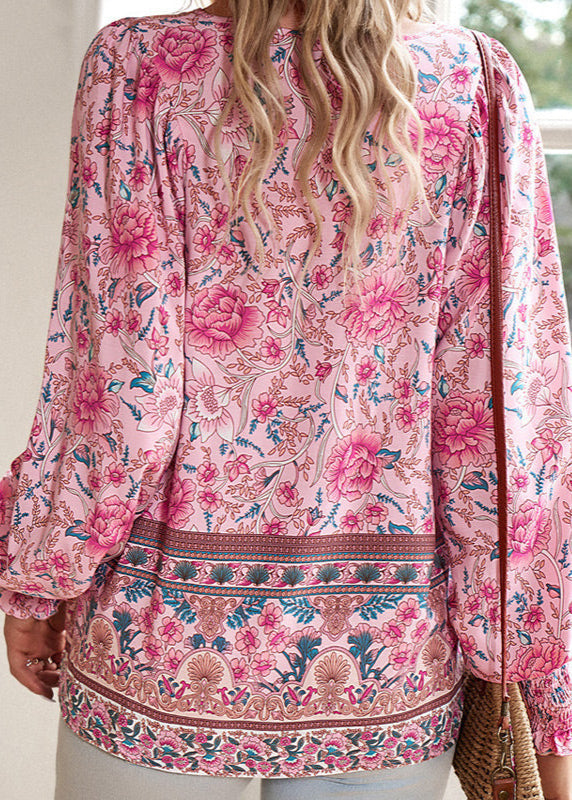 Women's Long-Sleeve Floral Blouse with Tie Neckline