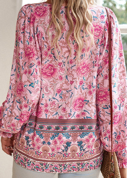 Women's Long-Sleeve Floral Blouse with Tie Neckline
