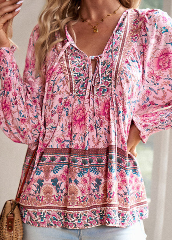 Women's Long-Sleeve Floral Blouse with Tie Neckline