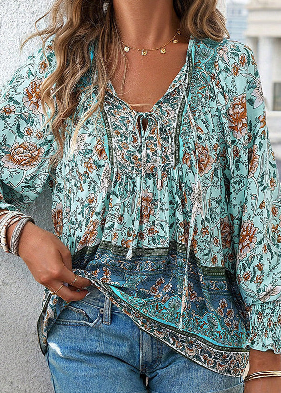Women's Long-Sleeve Floral Blouse with Tie Neckline