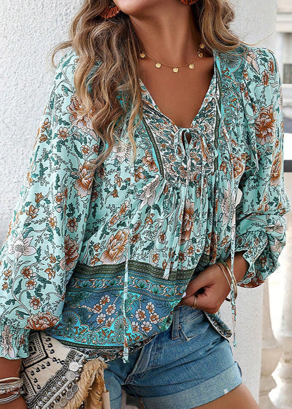 Women's Long-Sleeve Floral Blouse with Tie Neckline