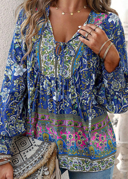 Women's Long-Sleeve Floral Blouse with Tie Neckline