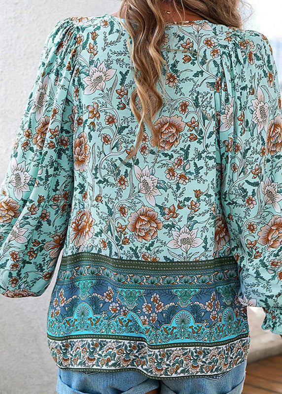 Women's Long-Sleeve Floral Blouse with Tie Neckline