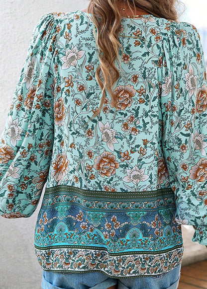 Women's Long-Sleeve Floral Blouse with Tie Neckline