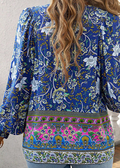 Women's Long-Sleeve Floral Blouse with Tie Neckline