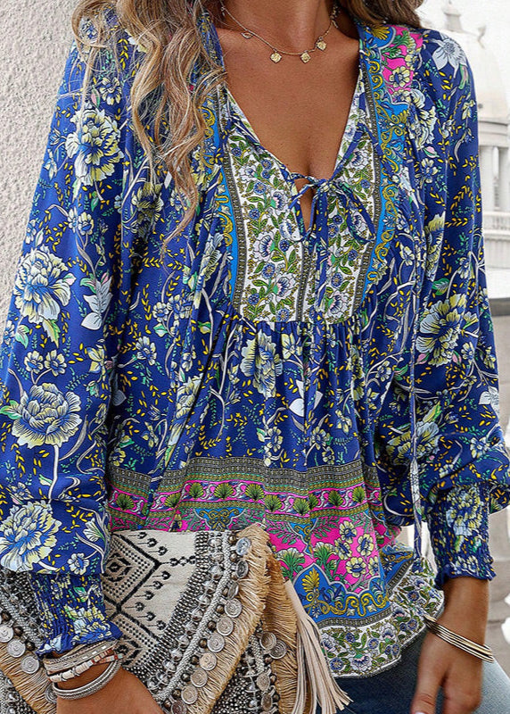 Women's Long-Sleeve Floral Blouse with Tie Neckline