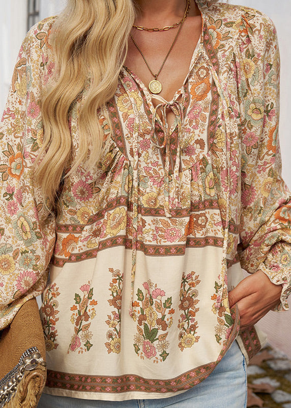Women's Long-Sleeve Floral Blouse with Tie Neckline