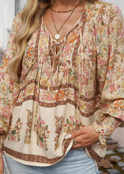 Women's Long-Sleeve Floral Blouse with Tie Neckline