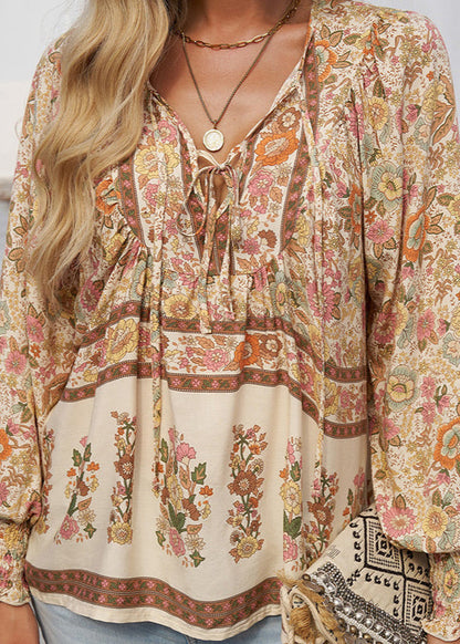Women's Long-Sleeve Floral Blouse with Tie Neckline