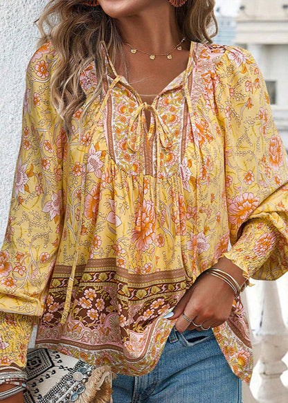 Women's Long-Sleeve Floral Blouse with Tie Neckline