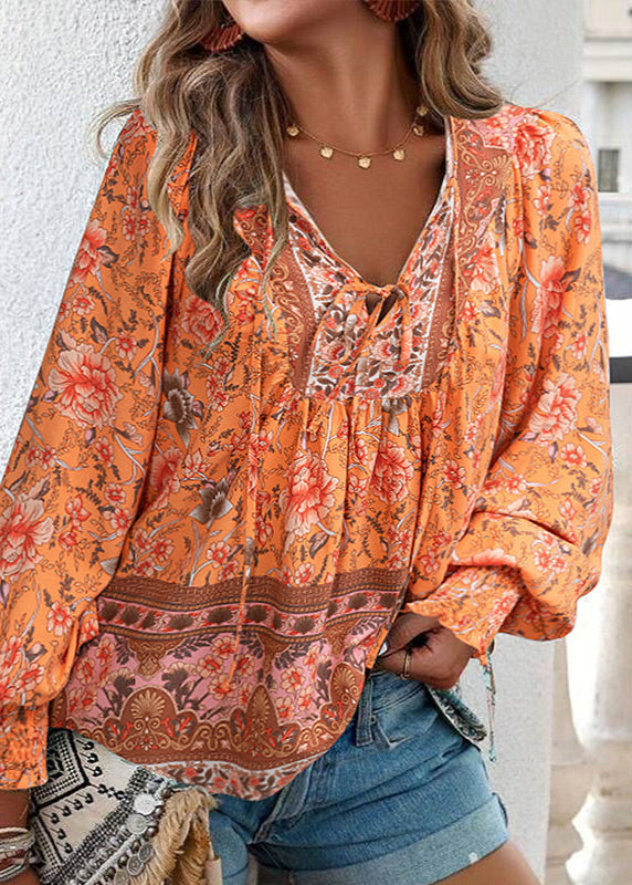 Women's Long-Sleeve Floral Blouse with Tie Neckline