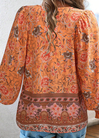 Women's Long-Sleeve Floral Blouse with Tie Neckline