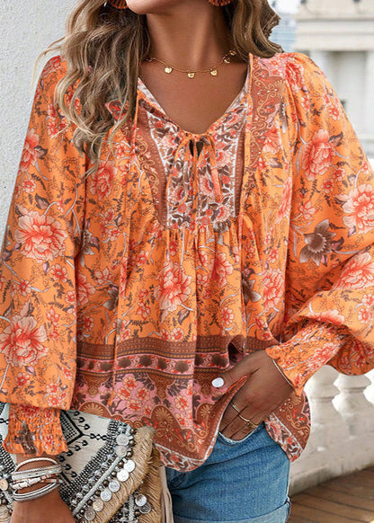 Women's Long-Sleeve Floral Blouse with Tie Neckline