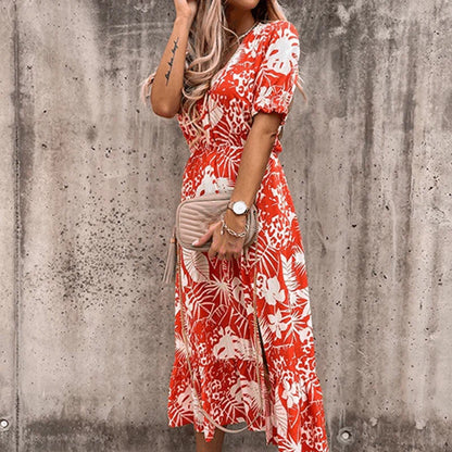 Women's Button-Front Maxi Dress with Floral Print and Side Slit