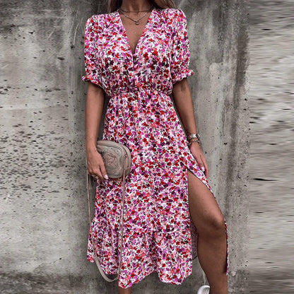 Women's Button-Front Maxi Dress with Floral Print and Side Slit