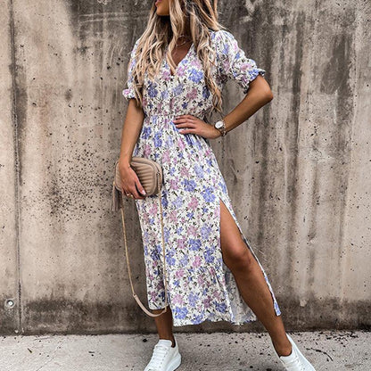 Women's Button-Front Maxi Dress with Floral Print and Side Slit