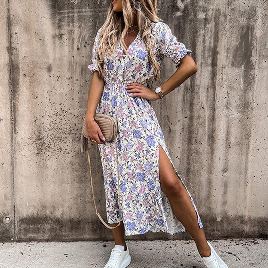 Women's Button-Front Maxi Dress with Floral Print and Side Slit