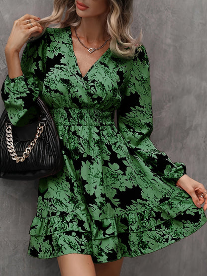 Women's Long Sleeve Floral Mini Dress with Ruffle Hem