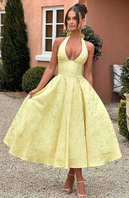 Women's Yellow Halter Pleated Maxi Dress with Fitted Bodice