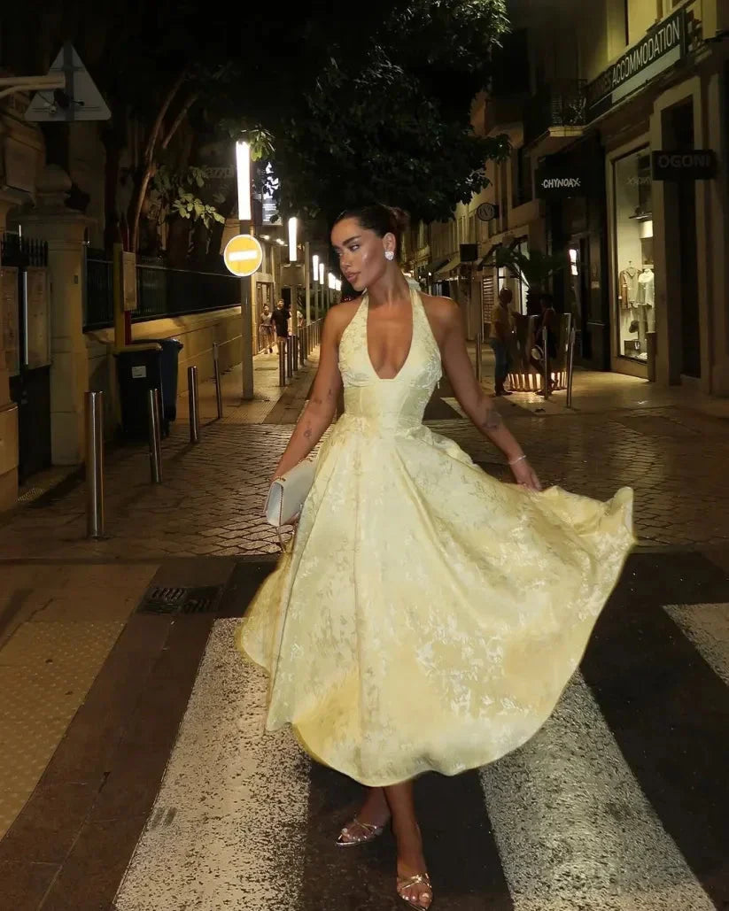 Women's Yellow Halter Pleated Maxi Dress with Fitted Bodice