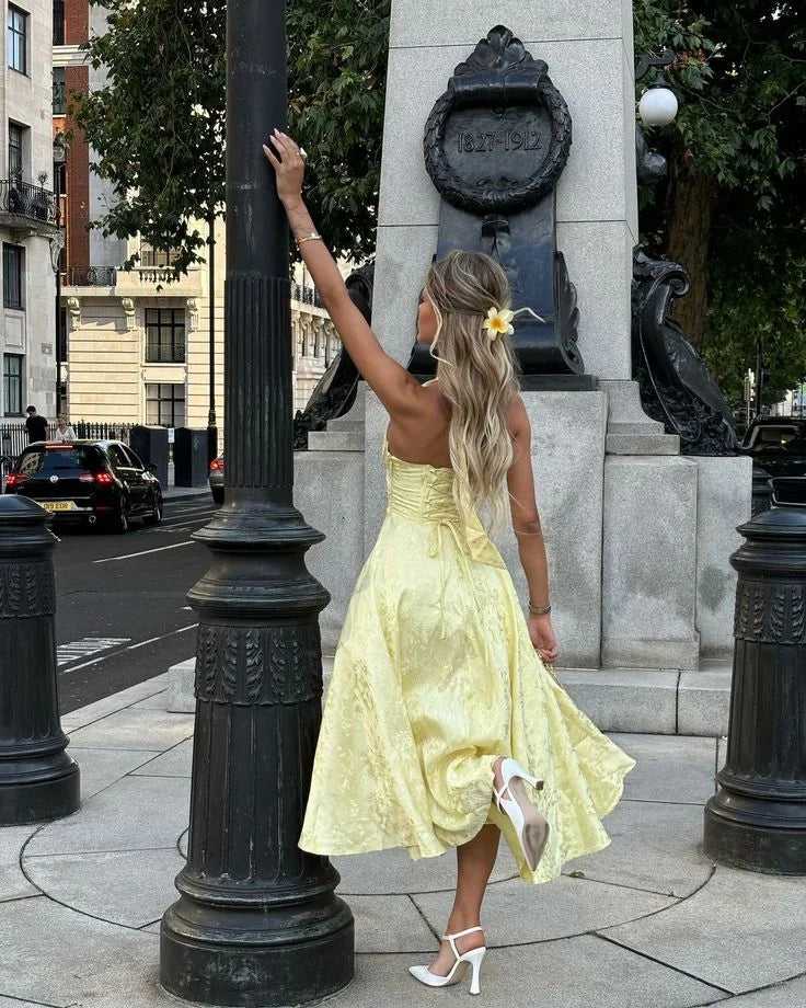 Women's Yellow Halter Pleated Maxi Dress with Fitted Bodice