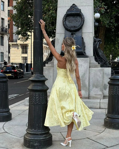 Women's Yellow Halter Pleated Maxi Dress with Fitted Bodice