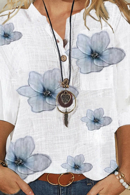 Women’s V-Neck Floral Blouse with Relaxed Fit and Half-Length Sleeves