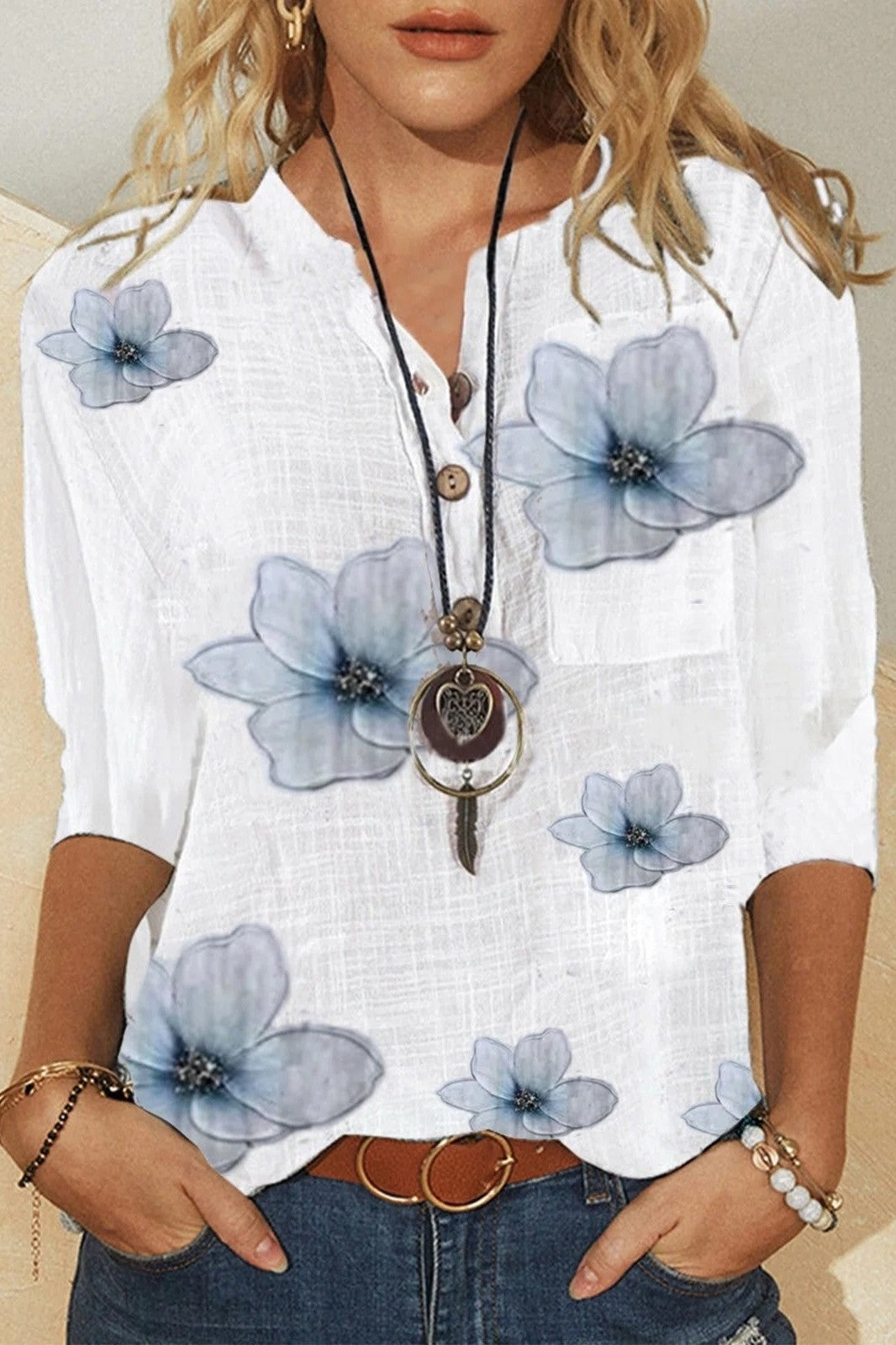 Women’s V-Neck Floral Blouse with Relaxed Fit and Half-Length Sleeves