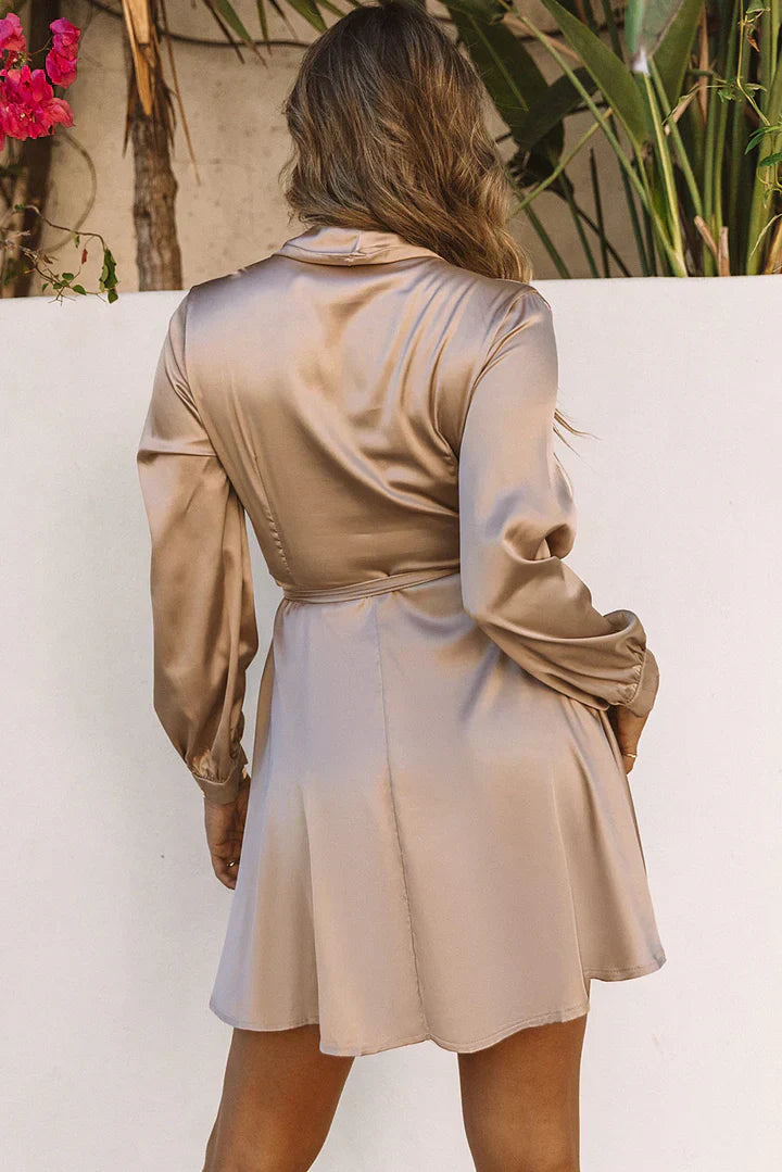 Women's Long Sleeve Wrap Mini Dress with Belted Waist Design