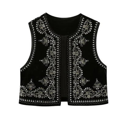 Women's Sleeveless Vintage Embroidered Vest with Open Front Design