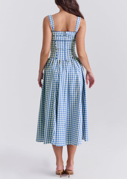 Women's Gingham Maxi Dress with Smocked Bodice and Straps