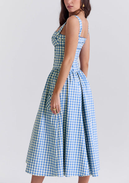 Women's Gingham Maxi Dress with Smocked Bodice and Straps