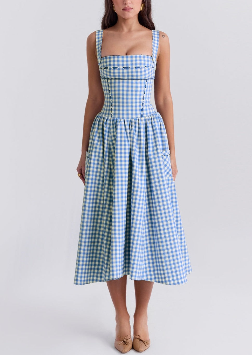 Women's Gingham Maxi Dress with Smocked Bodice and Straps