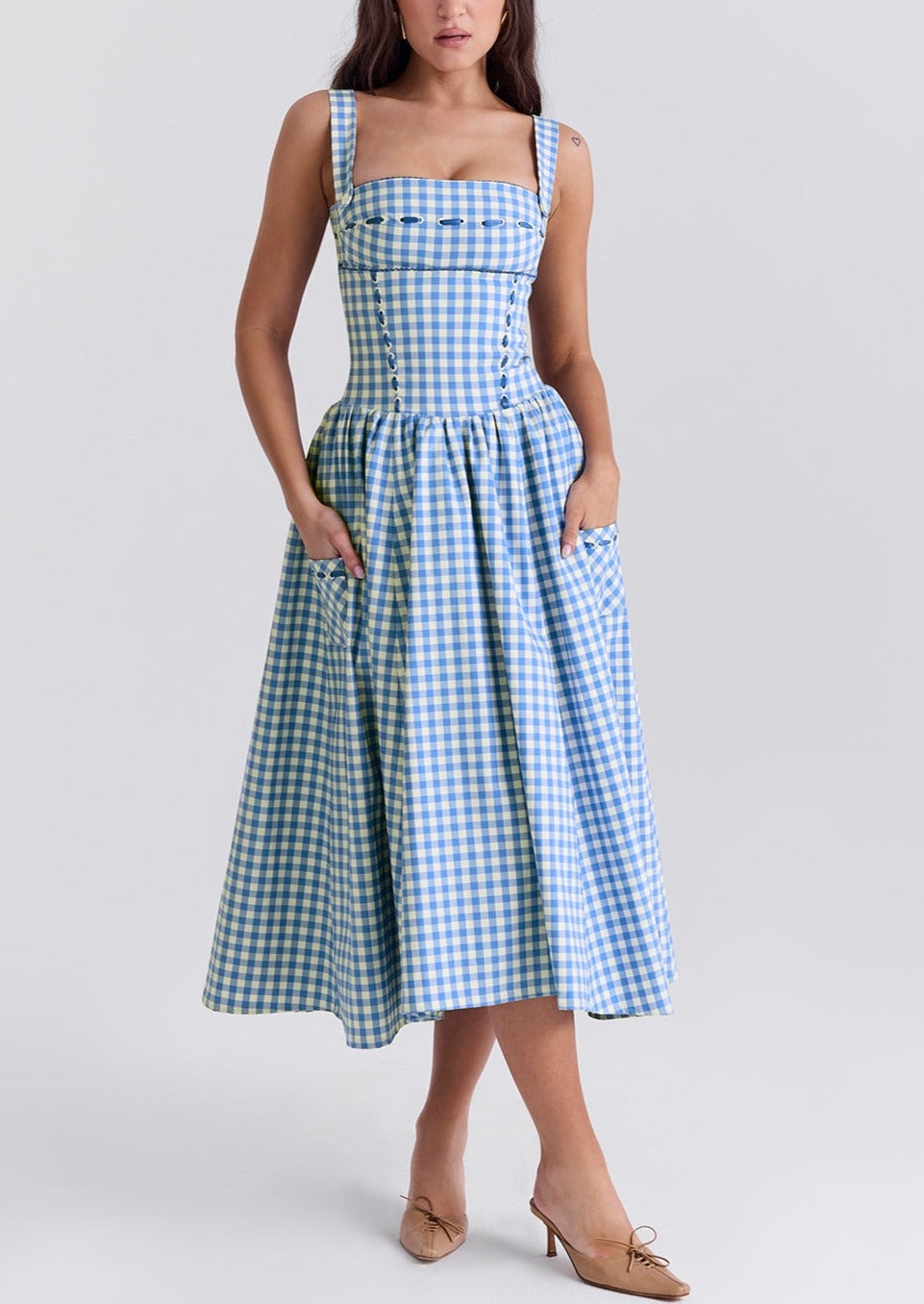 Women's Gingham Maxi Dress with Smocked Bodice and Straps