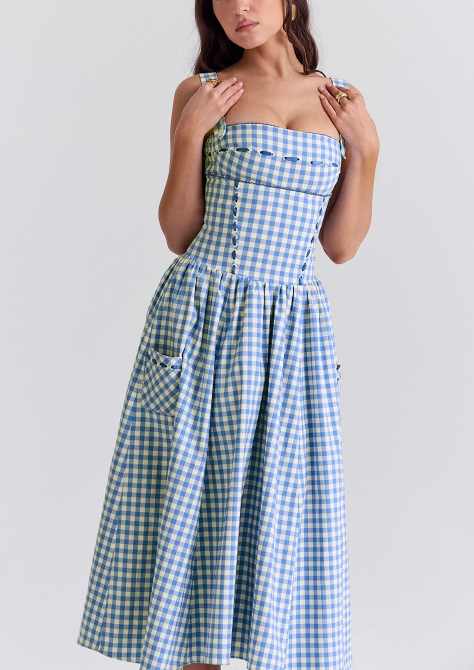 Women's Gingham Maxi Dress with Smocked Bodice and Straps