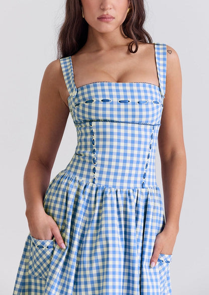 Women's Gingham Maxi Dress with Smocked Bodice and Straps
