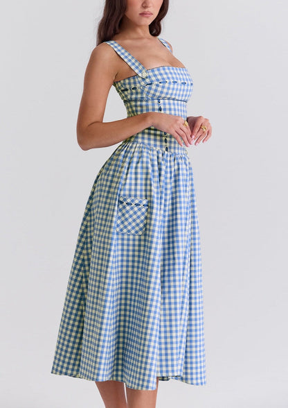 Women's Gingham Maxi Dress with Smocked Bodice and Straps