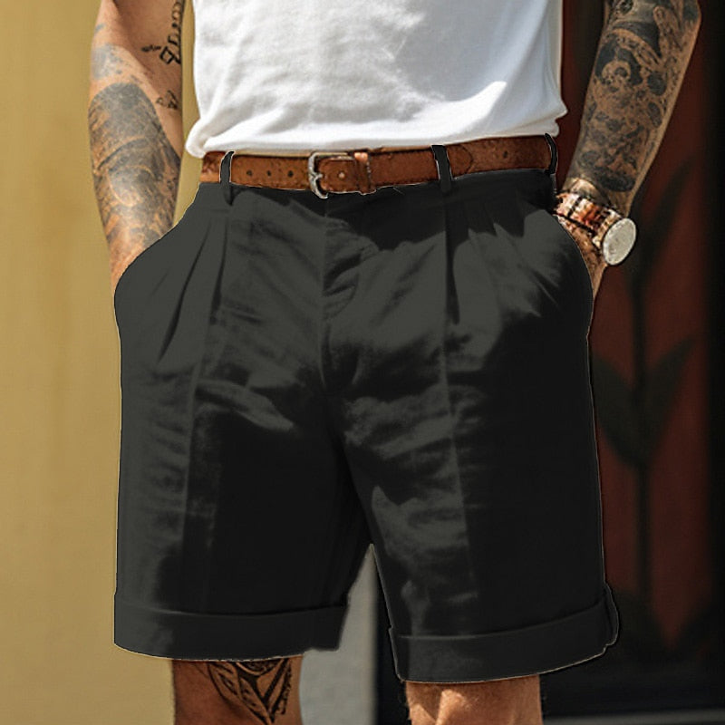 Men's Tailored Pleated Shorts with Cuffed Hem and Side Pockets