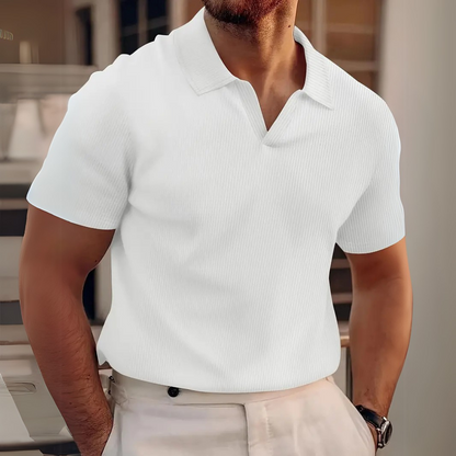 Men's Short Sleeve Ribbed Polo Shirt with V-Neck Collar
