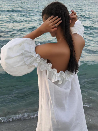 Women's Off-Shoulder Maxi Dress with Ruffle Trim and Puff Sleeves